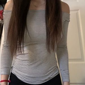 Off the shoulder white and grey striped shirt